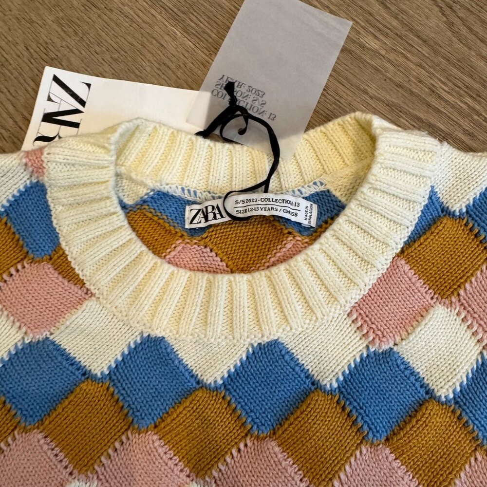 Colorful Zara Kids Argyle Sweater Size 11-12Y Cotton Blend Knit Pastel Blue/Pink - Picture 3 of 5